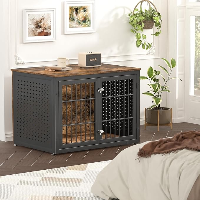 42" Heavy Duty Dog Crate Furniture for Large and Medium Dogs, Enclosed Design Wooden Metal Kennel, Wooden Cage Furniture Indoor, Decorative Dog Kennel End Table