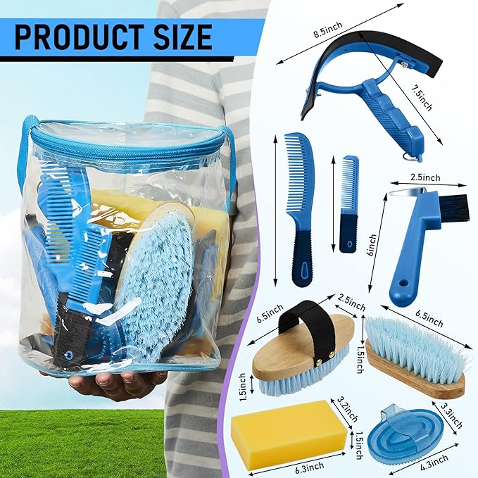 9 Pieces Horse Grooming Kit Tack Room Supplies Set with Organizer Tote Bag, Oval Massage Curry, Hard and Soft Brush, Hoof Pick, Sweat Scraper, Bathing Sponge, Combs for Horse Riders Beginners (Blue)