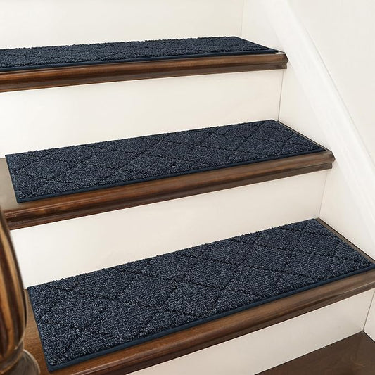 COSY HOMEER Edging Stair Treads Non-Slip Carpet Mat 28inX9in Indoor Stair Runners for Wooden Steps, Edging Stair Rugs for Kids and Dogs, 100% Polyester TPE Backing (15pc, Navy)