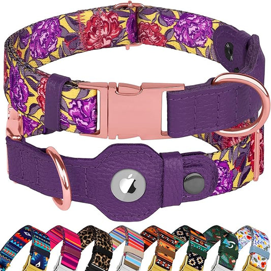 AirTag Dog Collar for Small Medium Large Breed - Adjustable Cute Pattern Dog Collar with Airtag Holder - Soft Leather Tracker GPS Apple Air Tag Pet Collars (X-Large, 20"-25" Neck Fit, Peonies)