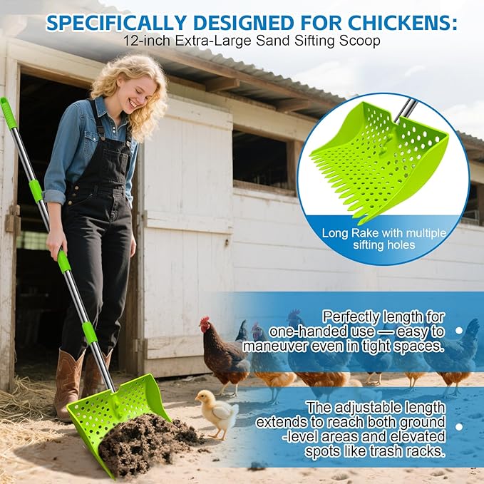 12-Inch 2-in-1 Chicken Poop Scooper & Rake – US Patent Pending – 3-Shape Sifting Holes Chicken Coop Rake，Stainless Steel Handle （20–61"）– Litter Scoop Sand & Sifting Shovel for Chicken Coops(Green)