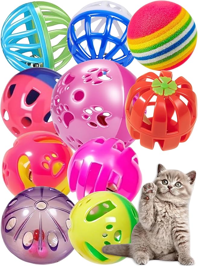 10-Pack Colorful Cat Toy Balls with Bells for Indoor Cats and Kittens (1.5'' - 2.3'', Cat Toys Mega Set)