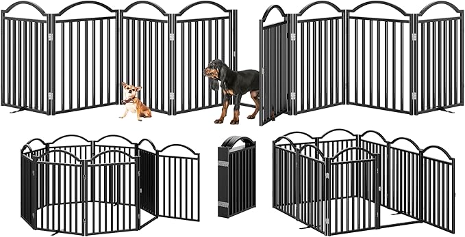 BHG Metal No-Assembly Freestanding Dog Gate with Door Walk Through, Extra Wide 96", Extra Tall 32" Pet Gate, Accordion Puppy Folding Playpen Dog Fence, with 2PCS Support (Black, 8 Panels)