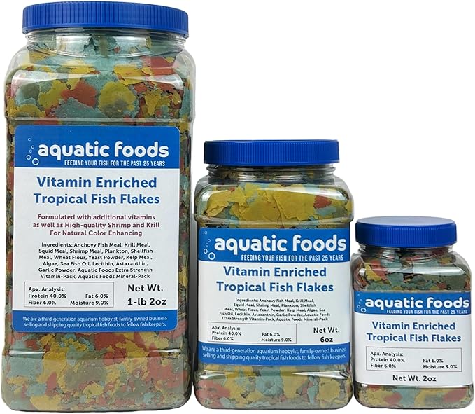 Aquatic Foods Inc. Premium Vitamin Enriched Tropical Fish Flakes, Vitamin Pack, Krill, Color Enhancing, Spirulina Flakes for All Tropical Fish Also Pellet Mix, Wafer Mix Included…1-lb 2oz