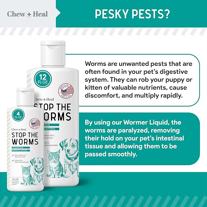 Dog and Cat Dewormer Liquid - 4 oz Wormer Solution to Paralyze and Expel Roundworms - Kitten and Puppy Dewormer