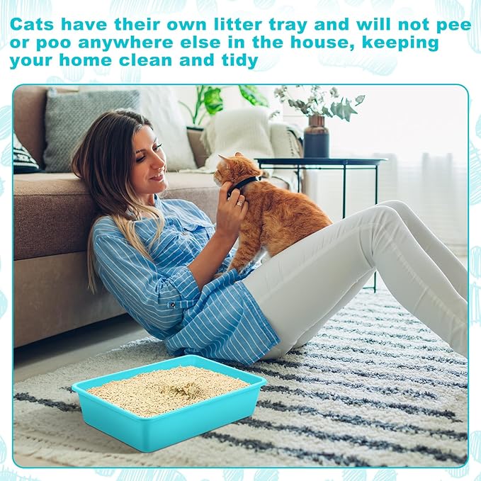 Amyhill 5 Pcs Open Cat Litter Box Kitten Litter Pan with 5 Scooper Medium Plastic Pet Tray Durable Nonstick Kitten Box for Indoor Pets Cats Rabbit Supply Easy to Clean, 14.6x10.6x3.4 Inch (Blue)