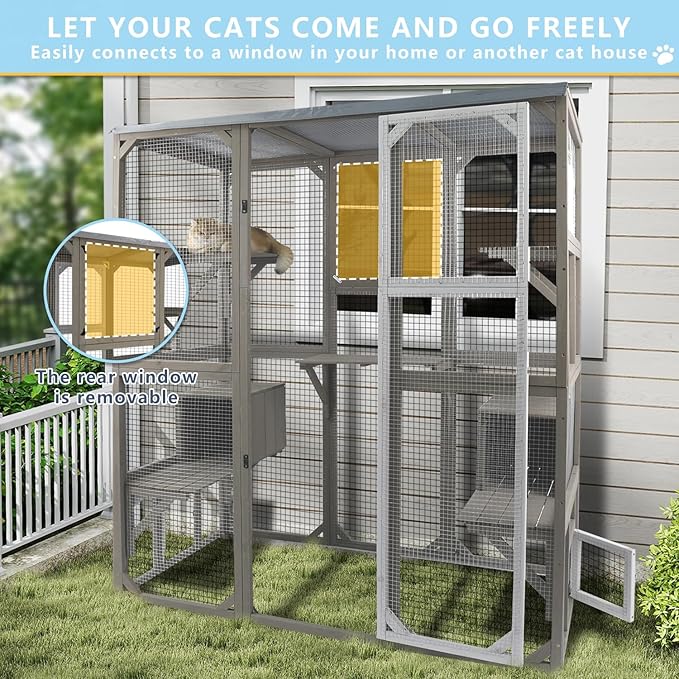 Catio Outdoor Cat Enclosure Large Window Cat House Walk in Kitty Cage with Multi-Level Platforms, Waterproof Roof for Mulitiple Cats (59" L x 29.5" W x 67.7" H)