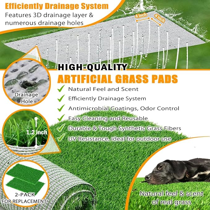 Dog Grass Pad with Tray, Reusable Large Artificial Turf Grass Potty and Puppy Pee Pads for Dogs, Portable Stainless Steel Dog Litter Box for Indoor/Outdoor Potty Training Toilet