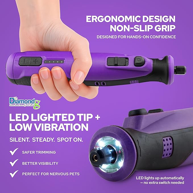 Diamondg Cordless Dog Nail Grinder with Quiet Sound & LED Tip for Large & Small Dogs, 4hrs. Runtime, 2 Bits Included, Purple