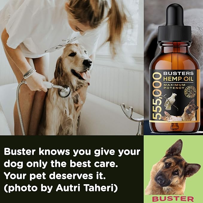 Buster's Organic Hemp Oil 530,000 4Pack-4month Supply for Dogs & Cats - Max Potency - Made in USA - Omega Rich 3, 6 & 9 - Hip & Joint Health, Natural Relief, Calming Drops
