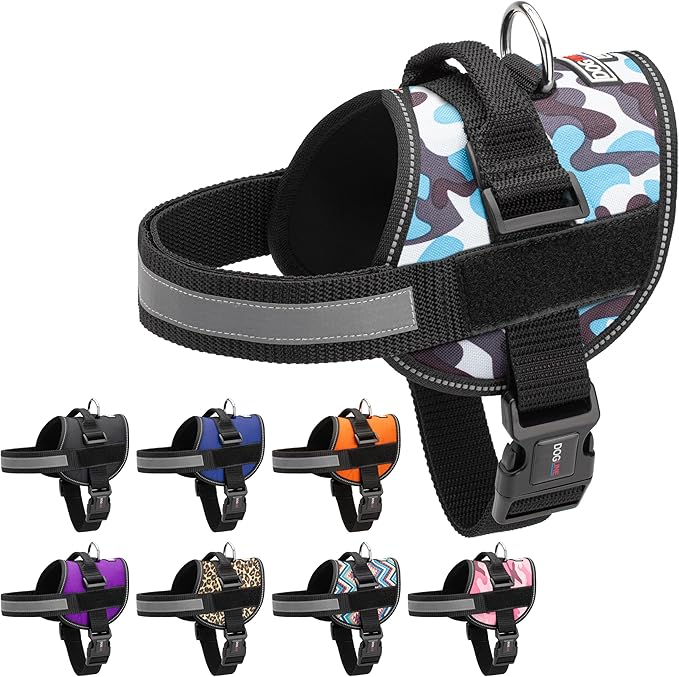 Dogline Dog Harness, Reflective No-Pull Adjustable Vest with Handle for Walking, Training, Breathable, No - Choke Harness for Small, Medium or Large Dogs Room for Patches Girth 22"-28" in Blue Camo