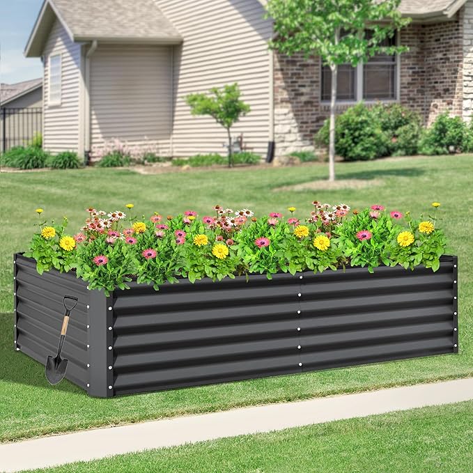 Domi Raised Garden Beds Outdoor, 8x4x1.5Ft Thickening Tall Metal Rectangular Deep Root Box Planter for Vegetables, Flowers, Herbs, and Succulents 1.5" Deep w/ 342 Gallon Capacity - Dark Gray