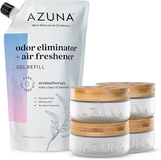 Azuna Air Freshener & Odor Eliminator for Strong Odor | 4 Room Kit Includes (4) Empty Luxe Glass Jar & 24oz Gel Refill with Tea Tree Essential Oil | Aromatherapy | Last 60-90 Days
