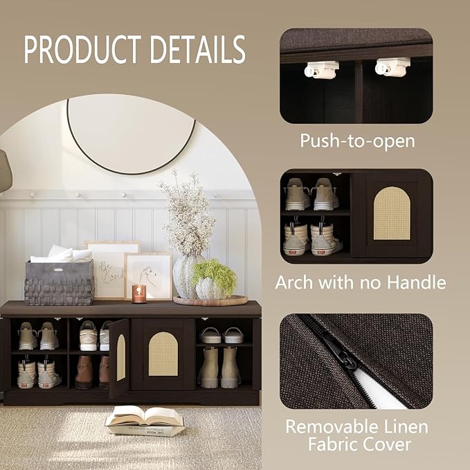 DINZI LVJ Shoe Bench, Entryway Storage Bench with Doors, Cushion, 2-Tier Shoe Rack with 8-Cubby, 47.2”L x 13.8”W Shoe Organizer Cabinet, Adjustable Shelf, Living Room, Bedroom, Espresso with Rattan