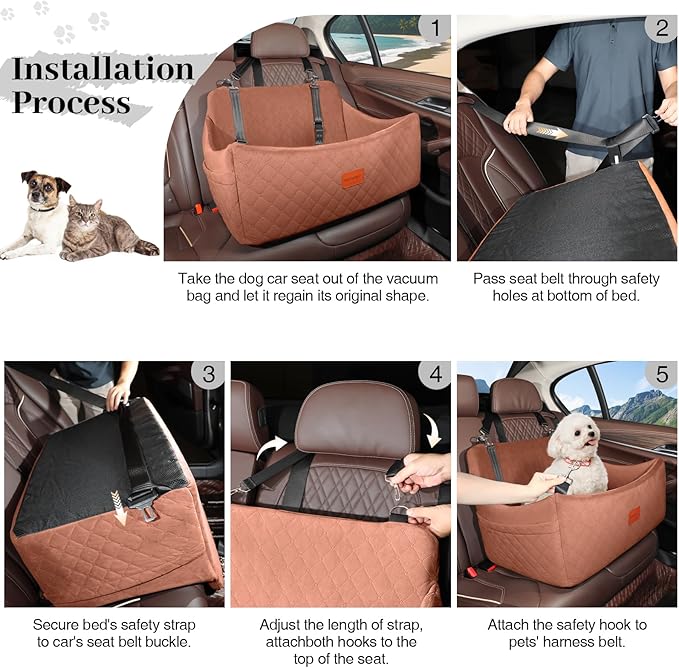 Dog Car Seat for Medium & Large Dogs Up to 55lbs, Memory Foam Cushion, Washable Cover, Safety Straps & Non-Slip Base (Brown, Large)