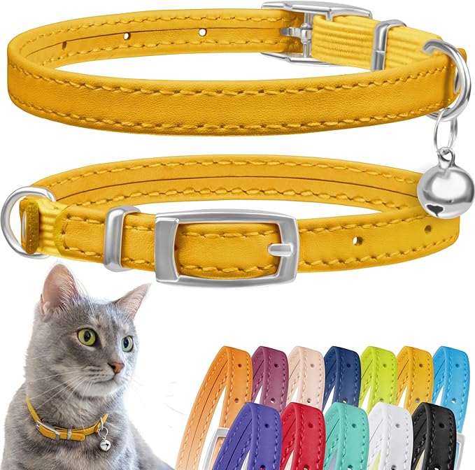CollarDirect Leather Cat Collar with Removable Bell – Safety Kitten Collar with Elastic Strap (Yellow, 15 - 18 cm)