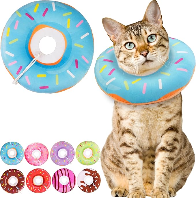 Cat Cone Collar Soft, Cute Cat Donut Collar After Surgery, Adjustable Kitten Recovery Cones to Stop Licking, Lightweight Neck Elizabethan Collars for Cats Kittens (Blue, Medium)