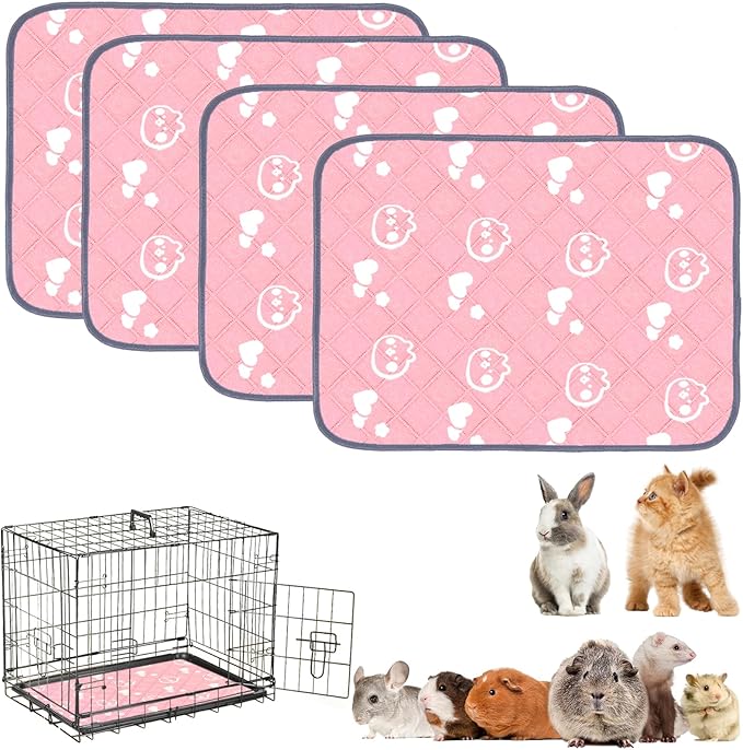 4 Pack Guinea Pig Bedding - Washable Guinea Pig Cage Liners, Waterproof Reusable & Anti Slip Pee Pads Super Absorbent Mats for Small Animals Pet Rabbit Bunny Hamster Rat (Pink, 24 x 18 Inch)