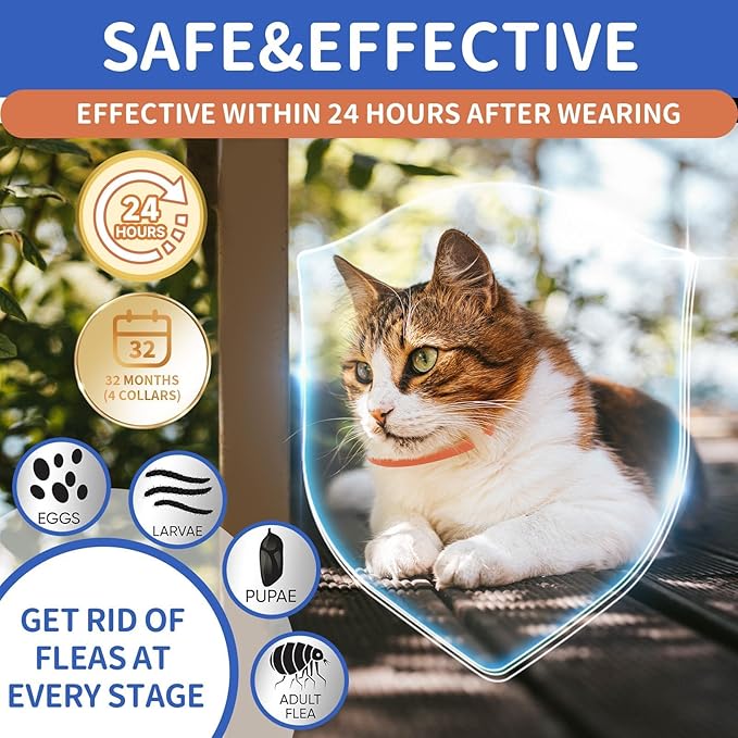 4 Pack Flea and Tick Collar for Cats, 32 Months Flea and Tick Treatment, Flea and Tick Prevention, Waterproof, Adjustable Flea and Tick Collar for Kittens, Blue & Orange