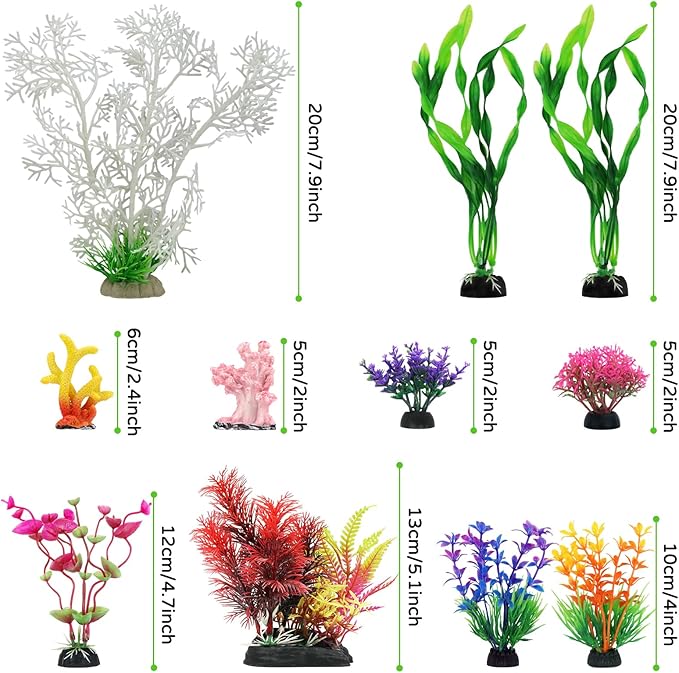Aquarium Decorations Plants with Resin Coral, 12 pcs Fish Tank Accessories, Fish Tank Decorations Small Plants Plastic, Aquarium Decor Artificial Plant