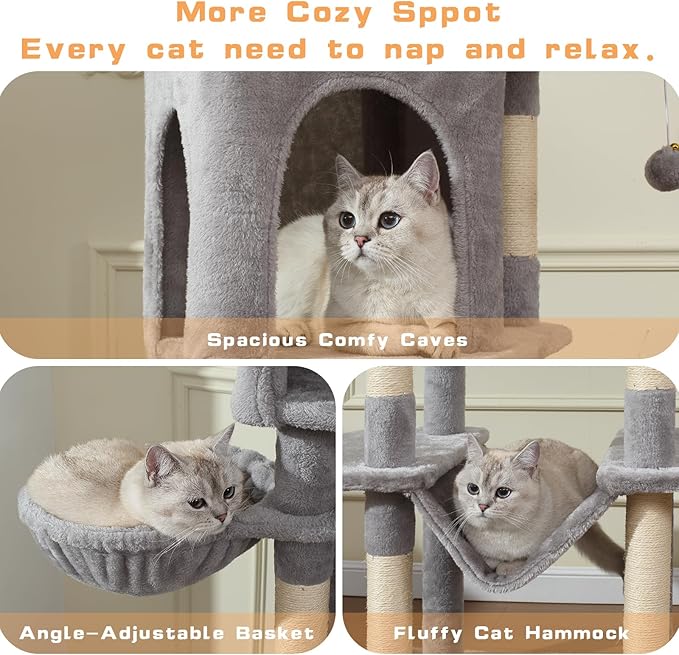 70-Inch Cat Tree,Large Cat Tree Tower with Hammock, Scratching Post, Condo and Multi-Level Cat Tower for Large Cats, Cat Activity Center Playhouse, Light Gray LCT016