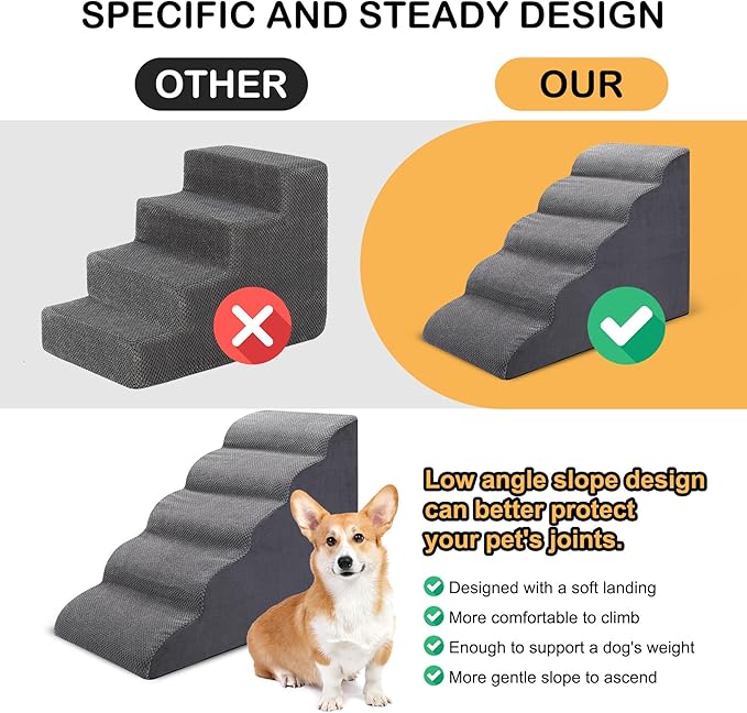 Dog Stairs for Bed, 5 Tier Dog Steps for Couch and High Bed, Non-Slip Pet Stairs, 24" High Sofa Foam Ramp - Best for Small Pets, Older Cats with Joint Pain