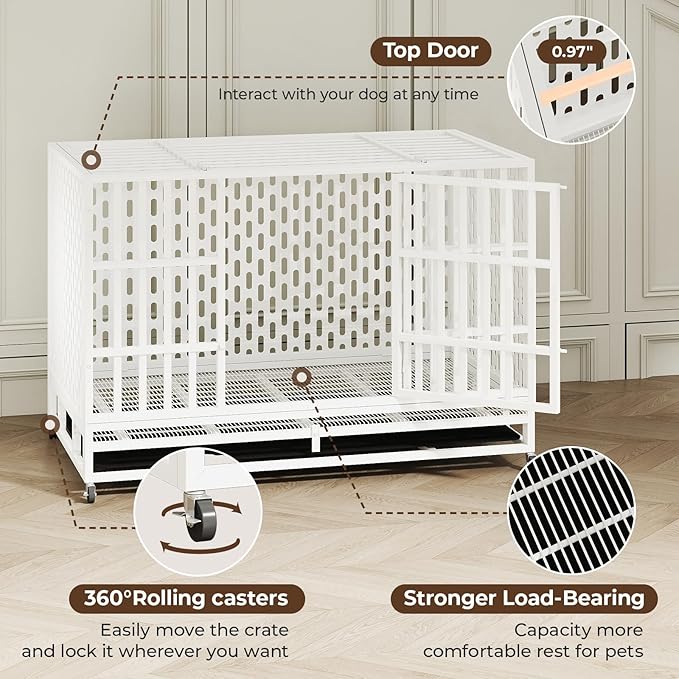 48 Inch Heavy Duty Indestructible Dog Crate Steel Escape Proof, Indoor Double Door High Anxiety Cage, Kennel with Wheels, Removable Tray,White,Extra Large XL XXL