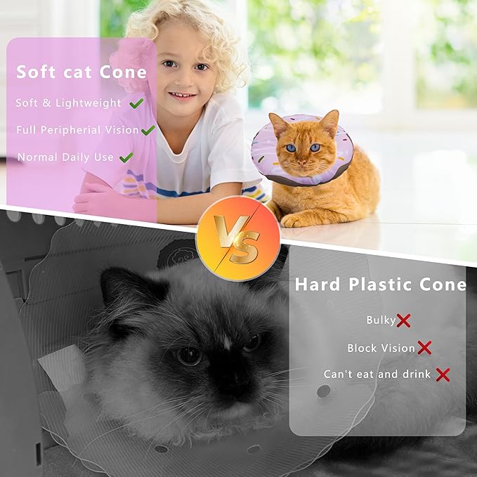 Cat Cone Collar Soft, Adjustable Cat Recovery Collar Kitten Cones to Stop Licking, Cute Donut Collar After Surgery, Cats Neck Pillow Cone Elizabethan Cones of Shame (Waterproof Purple, Medium)