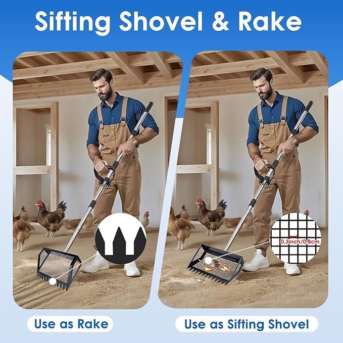 Chicken Poop Scooper & Rake 2-in-1, 32 to 68" Adjustable Stainless Steel Chicken Litter Scoop with Handle and Glove for Chick Coop Sands Multifunctional Litter Sifting Shovel for Hen Animals House