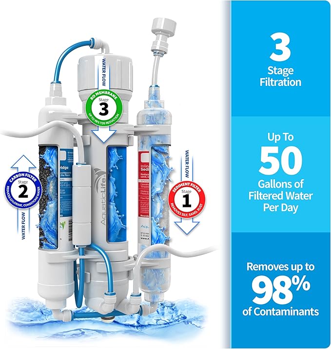 Aquatic Life RO Buddie 3-Stage Reverse Osmosis Water Filter System RO Filtration Units for Aquarium, 50 GPD