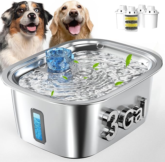 Dog Water Fountain for Large Dogs - 3 Gallon Stainless Steel Dog Water Bowl Dispenser with 4 Filters, Automatic Big Extra Large Capacity Pet Water Fountain, Easy Clean with Quiet Pump
