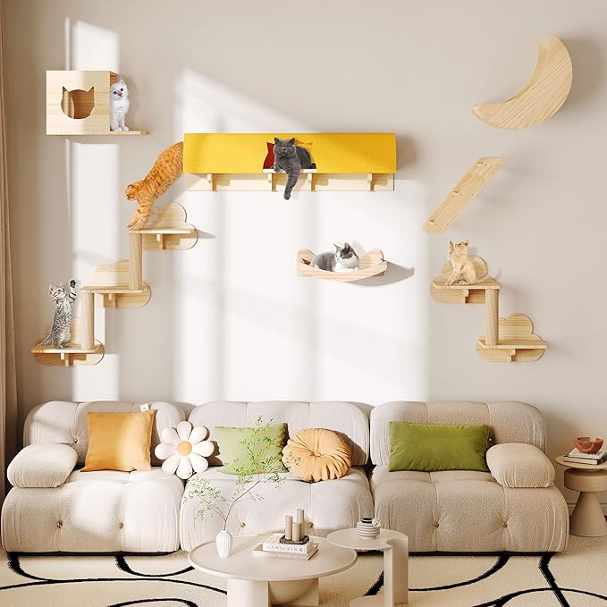Cat Wall Shelves and Perches, Solid Wood Wall Mounted Cat Furniture, Set of 13 Cat Climbing Shelves with Moon Hammock, House, Wall Ladder, Scratching Post and Cat Tunnel