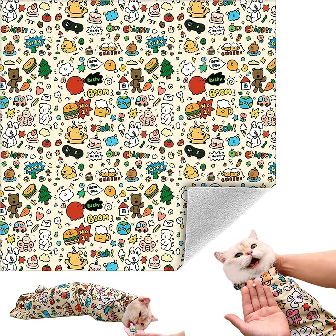 Cat Grooming Wrap, Self-Adherent Soft Cat Blanket to Wrap, Nail Clipping, Anti-Bite, Anti-Scratch, Anti-Escape Calming Wrap (Cute Prints, 3-6 lbs)