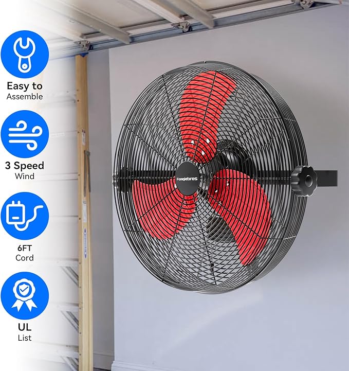 4580 CFM 18 inch High Velocity Wall Mounted Fan, 3-Speed Metal Fan with Sealed Motor, 360 Degree Tliting Heavy Duty Wall Fan for Patio, Barn, Garage, and Gazebo - UL listed