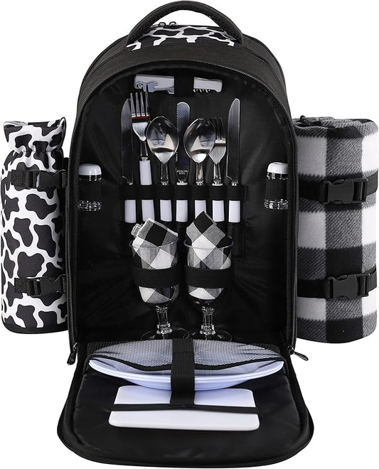 apollo walker Picnic Backpack Bag for 2 Person with Cooler Compartment, Detachable Bottle/Wine Holder, Fleece Blanket, Plates and Cutlery Set (2 Person, Black)