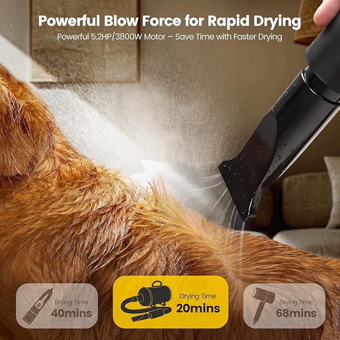 Dog Dryer, 5.2HP/3800W High Velocity Dog Hair Dryer with 4 Nozzles, Stepless Adjustable Speed & Temperature Control, Low Noise Professional Dog Grooming Dryer (Black)