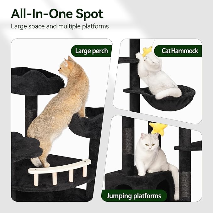 85inch Giant Cat Tree for Heavy Duty Big Cats, Multi-Level Luxury Cat Tower with Scratching Post, Cat Condo with Hammocks & Plush Perches for Indoor Cats Large Adult, Black