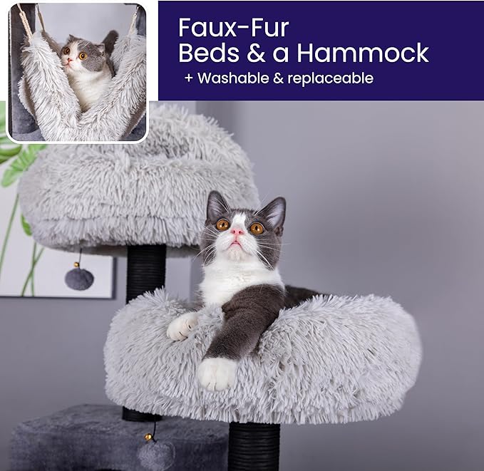 Catry Bradbury 7-Level 62.5” Modern Cat Tree with Replaceable Scratching Posts,Big Condo,Two Washable Beds, Two Hammocks,Quick Assembly, for Multi-Cat Homes(Cloud Gray)