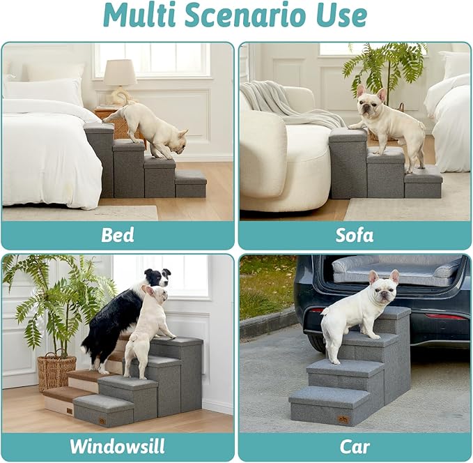 Dog Stairs with Storage, 4-Step Wider Sturdy Dog Steps for Small/Medium/Large Dogs and Older Cats, Folding Doggie Ramp for Bed/Couch/Car Hold Up to 180 lbs (22" H, Grey)