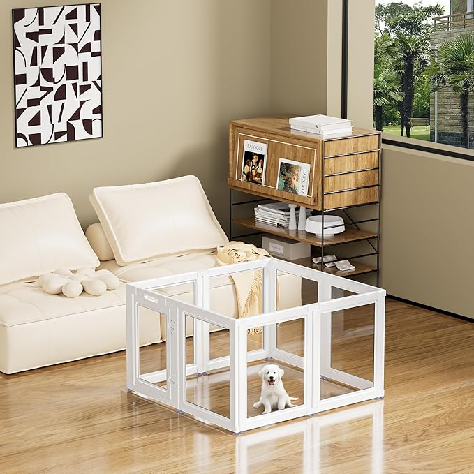 Clear Acrylic Dog Playpen Transparent Dog Playpen Indoor, Easy Assemble Clear Pet Pen for Puppy Bunny Cat Pig, Sturdy & Easy Cleaning Plastic Dog Puppy Fence (23.6" H, 8PCS)