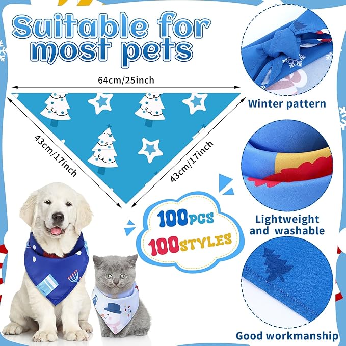 100 Pcs Winter Dog Bandanas Bulk Pet Bibs Blue Triangle Scarf Snowflake Pet Bandanas for Medium Large Dogs Winter Snowflake Christmas Party Holiday Festival Costume Decor
