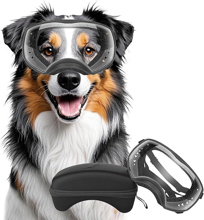 Dog Sunglasses UV Protection Clear Dog Goggles Windproof Glasses with Elastic Straps for Medium-Large Breed, Black Frame + Clear Lens