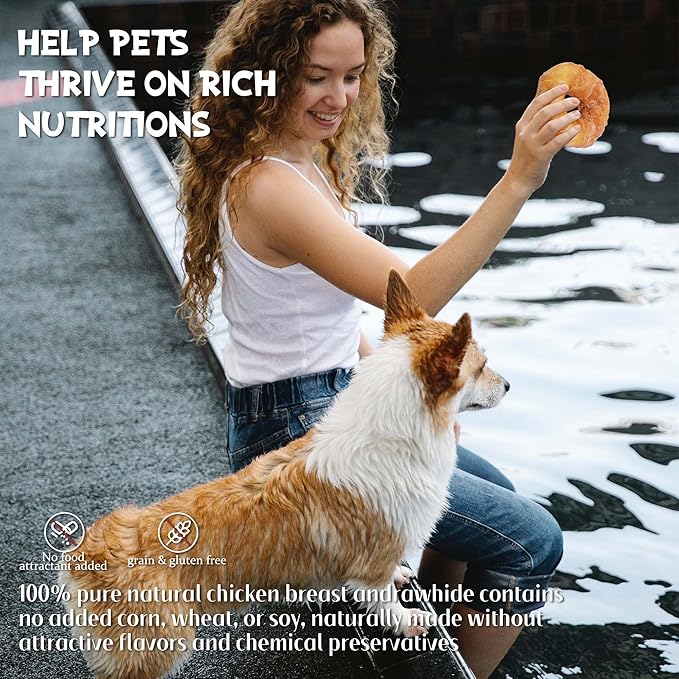 ASMPET Dog Treats Chews, Chicken Wrapped Rawhide Donuts Dental Care Chews for Small Medium Large Breed Aggressive Chewers (Pack of 4)