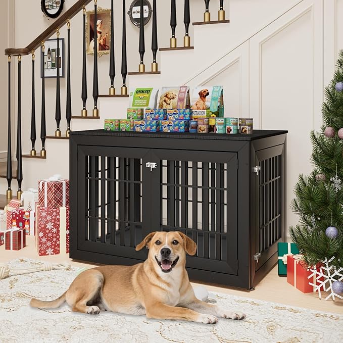 48" Heavy Duty Dog Crate Furniture for Small,Medium and Large Dogs,Rustic Wooden Dog Cage Kennel Indoor Furniture with Waterproof Top,Decorative Pet House Side End Table (Black)