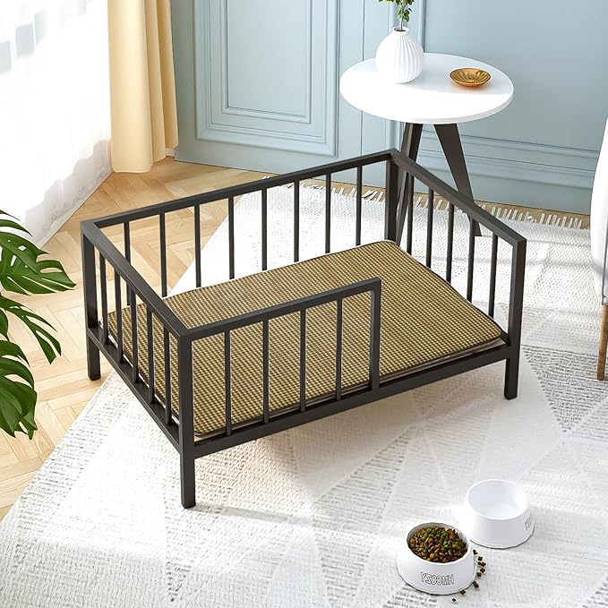 Dog Bed with Rails - Elevated Pet Metal Bed Frame with Solid Wood Board and Washable Soft Mat for Medium Dog Indoor or Outdoor Use, 25.2" x 37.8", Black