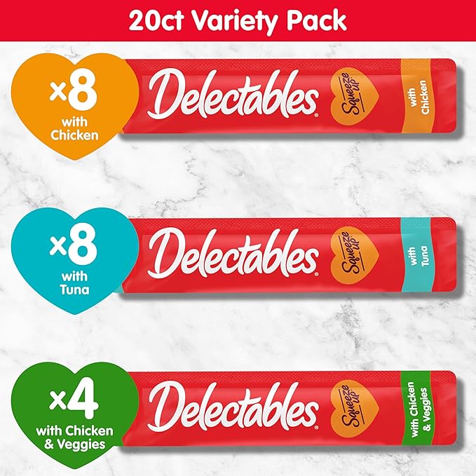 Delectables Squeeze Up Variety Pack, Creamy Squeezable Puree, Lickable Wet Cat Treats, Grain Free, No Added Fillers, No by-Products, No Added Preservatives, 0.5 Ounces Tube, 20 Tubes Total