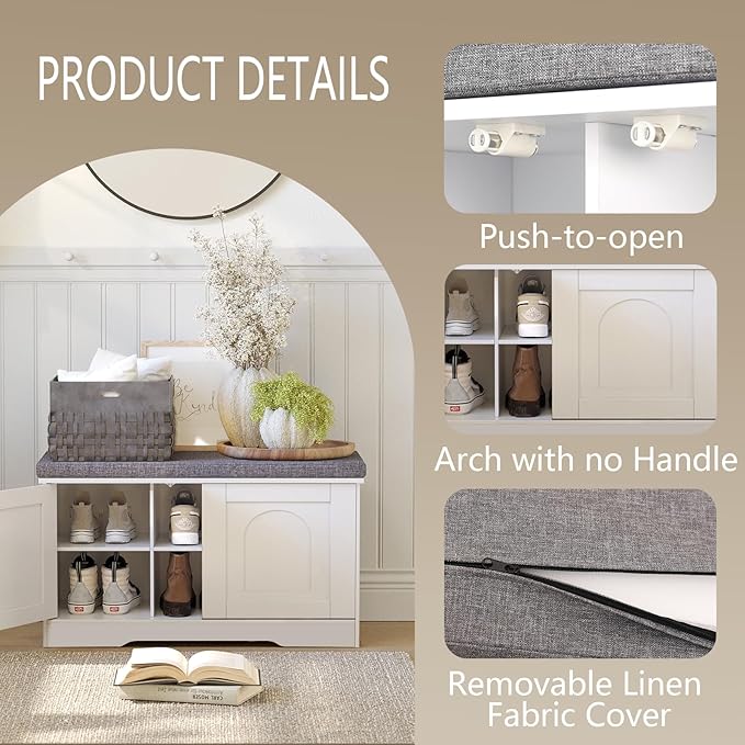 DINZI LVJ Shoe Bench, Entryway Storage Bench with Doors, Cushion, 2-Tier Shoe Rack with 6-Cubby, 31.5”L x 13.8”W Shoe Organizer Cabinet, Adjustable Shelf, Living Room, Bedroom, White