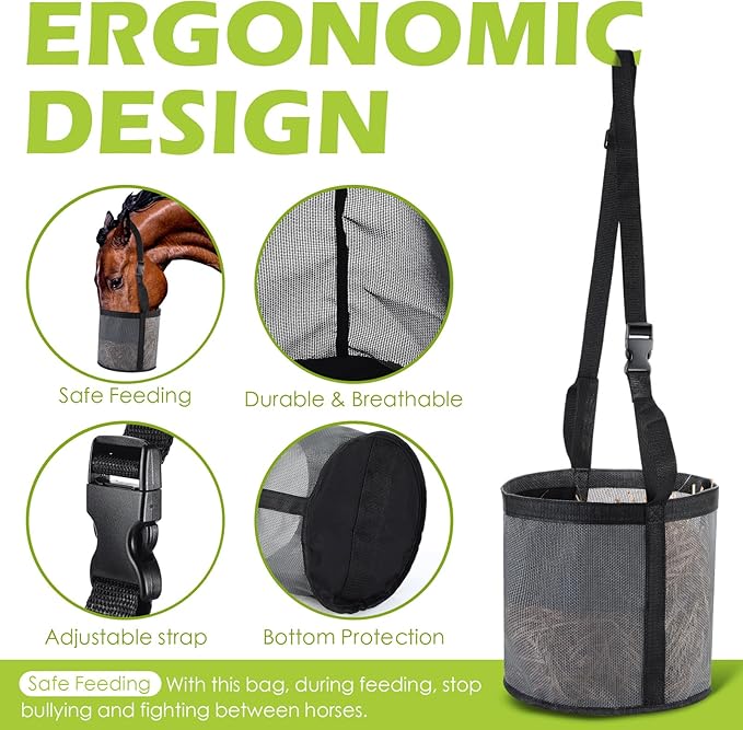 2 Pcs Horses Feed Horse Bag for Grain Hay Bags Heavy Duty Mesh Horse Feeder with Adjustable Strap Comfort Neck Pad Nose Pad and Waterproof Bottom Muzzle(Gray)