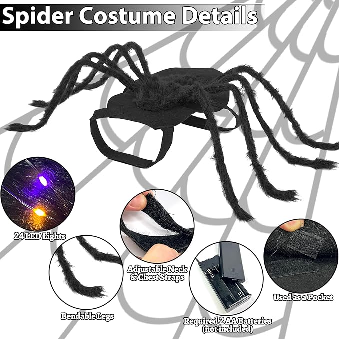 Camlinbo 24 LED Spider Dog Halloween Costume for Small Medium Large Dogs, Furry Giant Spider with Orange Purple Lights Puppy Pet Costume Outfits Clothes Funny Halloween Costume Party Cosplay