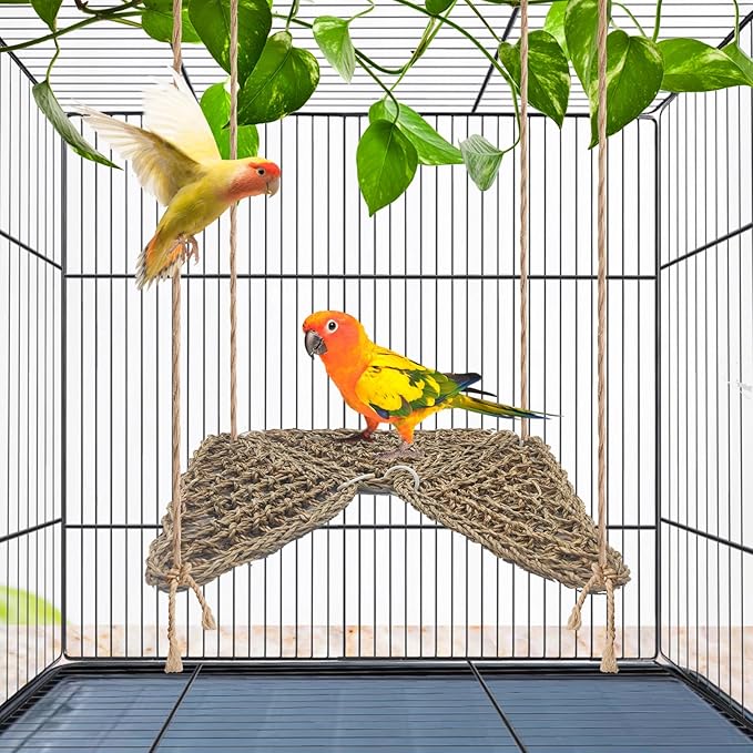 BNOSDM Bird Seagrass Mat, 3 PCS 7.1 x 7.1 Inches Parrot Natural Seagrass Woven Bird Net Hammock Mats Chew Toys Bird Hideout Cage Accessories for Lovebird Cockatiel Conure Budgie Hamster Rats
